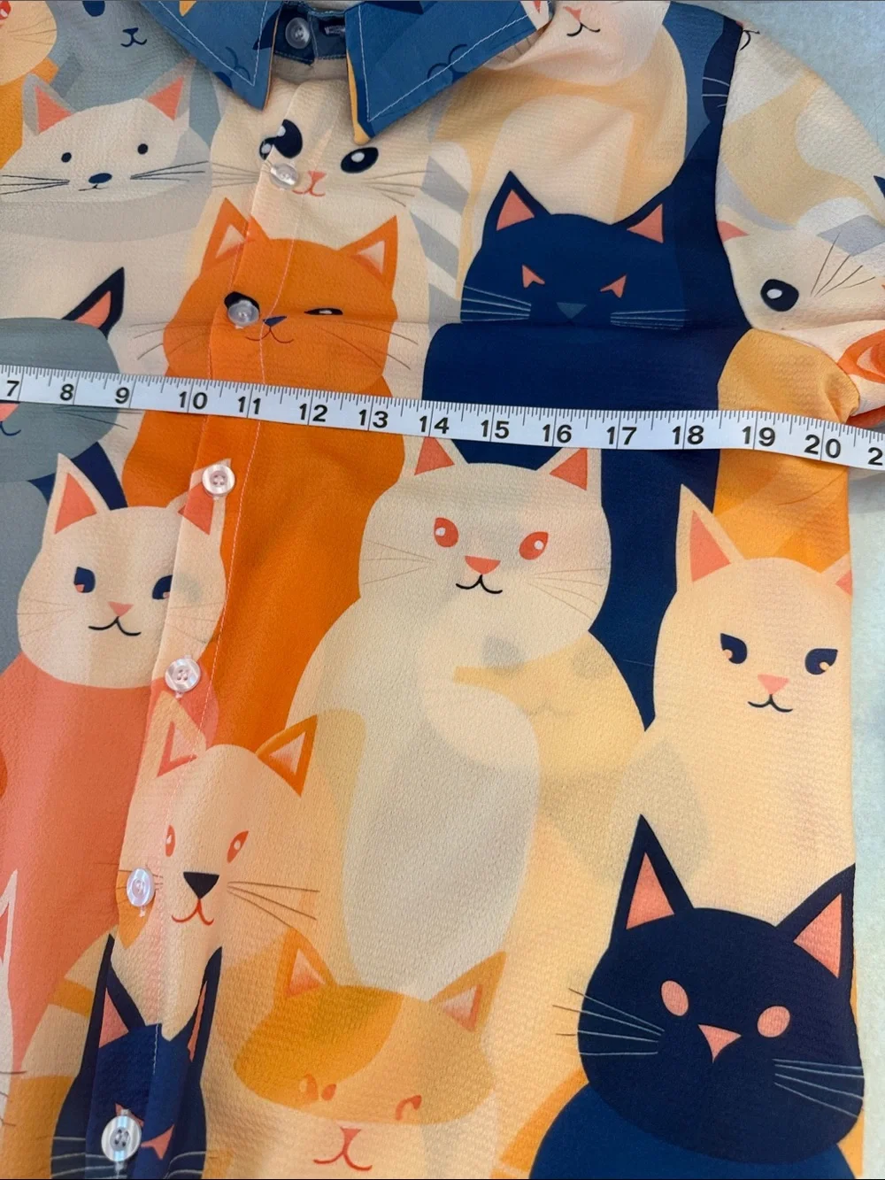Cat Print Button-Up Shirt in Orange & Blue Size Large